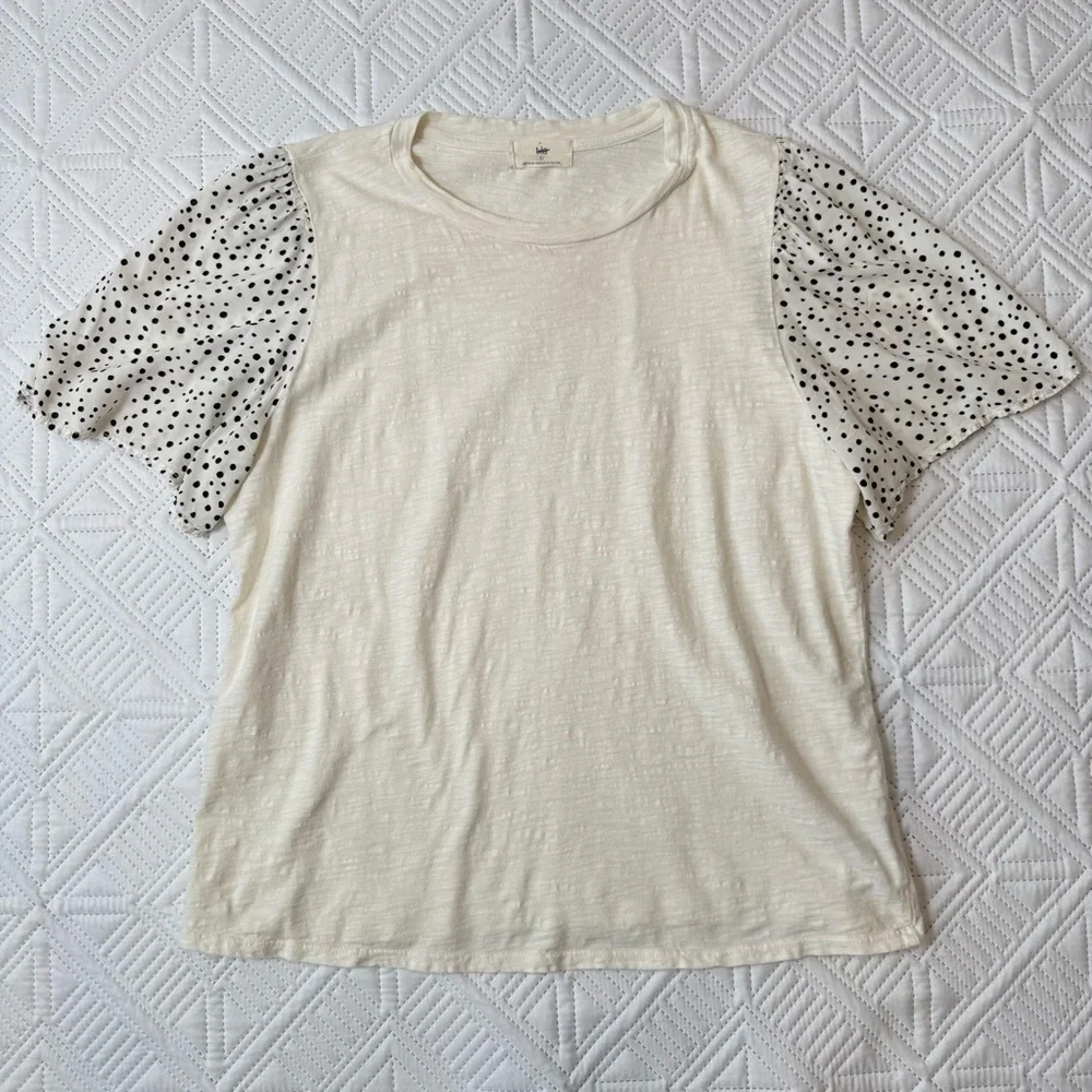 Anthropologie T.La White Top with Black Polka Dot Sleeves Size L